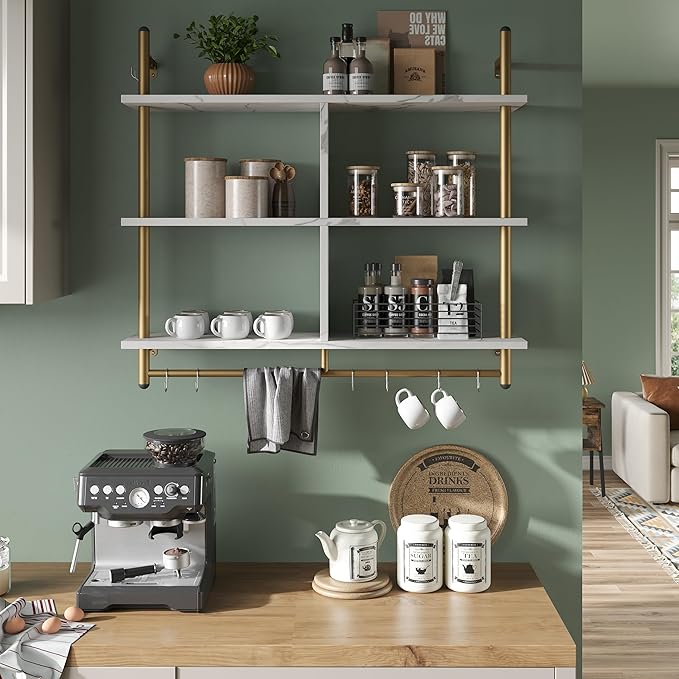 Bestier Kitchen Shelves Wall Mounted Floating Pipe Shelving 3 Tier 41.5" Coffee Bar Shelf with Holder Wall Display Storage Rack Kitchen Organization and Home Decor, White Faux Marble