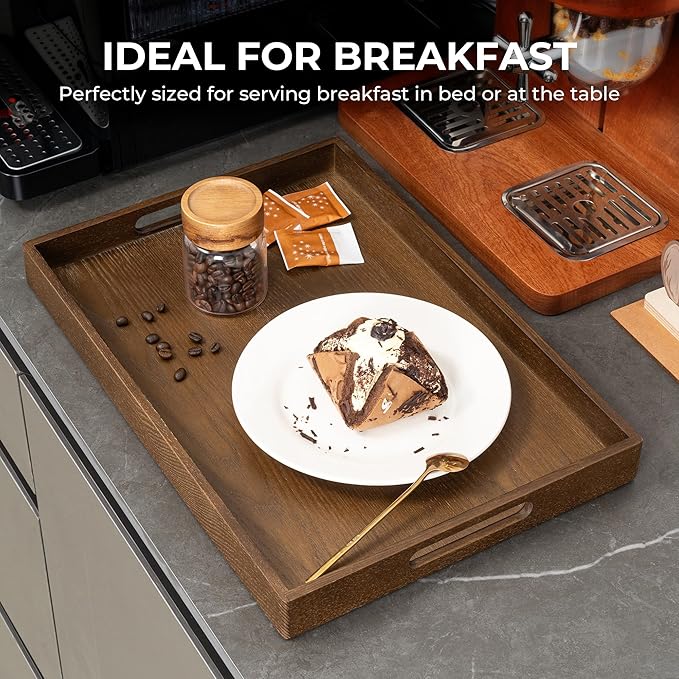 Axeman Wooden Serving Tray with Wood Handles|Ottoman Tray for Breakfast, Bed, Couch|17x12in Ash Wood Coffee Table Trays|Food Drinks Decorative Storage Boards for Ottoman Kitchen, Walnut