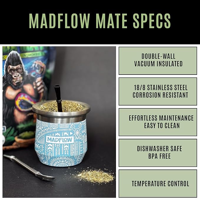 MADFLOW Yerba Mate Cup. Stainless Steel Mate Cup with 2 Bombillas. Double Wall Vacuum Insulated Yerba Mate Gourd. Unique Mate Cup And Bombilla Set