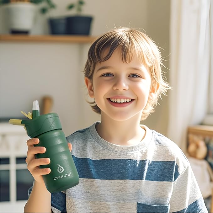 IDEUS Insulated Water Bottle 12oz, Stainless Steel Insulated Water Bottle For School, Insulated Bottles With Straws Leakproof, Vacuum Double Wall Water Bottles For Boys And Girls With 2 Lids, BPA Free