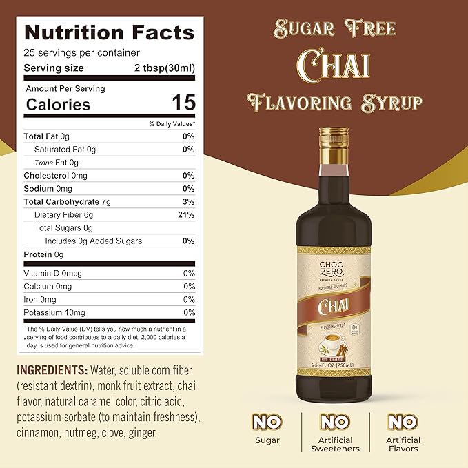 ChocZero Chai Flavoring Syrup, Sugar Free, Monk Fruit Sweetened, Prebiotic Fiber, Keto, Gluten Free, Vegan, No Sugar Alcohols – 25.4 Fluid Ounces