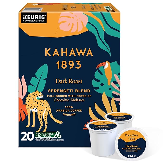 Kahawa 1893 Dark Roast Coffee K-Cup Pods Serengeti Blend (20 Count) - As Seen on Shark Tank, Low Acid, High Antioxidants, Naturally Sweet, Organically Grown, Ethically & Sustainably Sourced