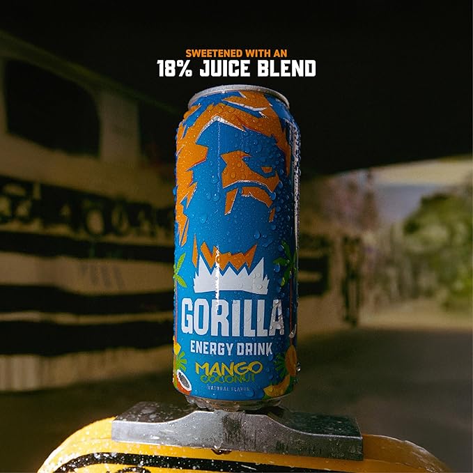 Gorilla Energy Drink, Mango Coconut, 200mg Natural Caffeine, Real Fruit Juice Squeezed & Concentrated, L-Theanine, Taurine, Ginseng, Acetyl L-Carnitine, No Added Sugar and No Artificial Colors, 12 Pack