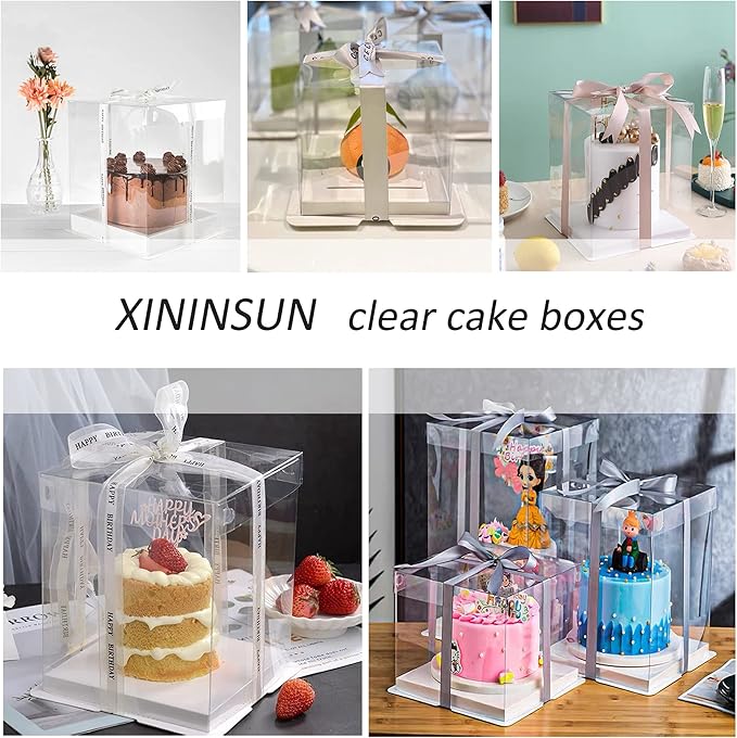 XININSUN 6Pcs clear cake Box with Ribbon, 8 X 8 X 9inch tall cake box,8inch Bakery Take Out Transport Containers Clear Gift Boxes for Wedding, Birthday, Party