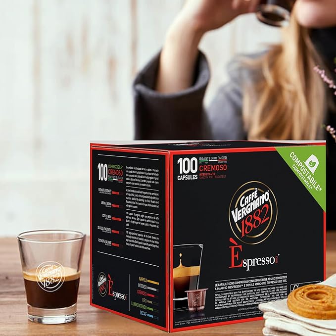 Caffe' Vergnano 1882 Medium Roast Espresso Original Line Machine Compatible Capsules, Arabica Robusta Espresso Coffee, Italian Coffee For Nespresso Coffee Machines, Intensity 6/10, Cremoso, 100 Ct
