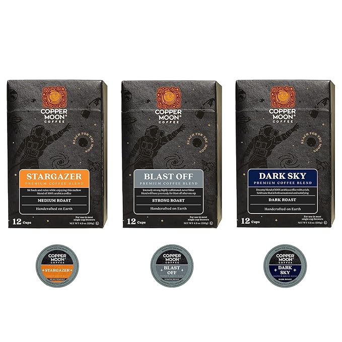 Copper Moon Single Serve Coffee Pods for Keurig K-Cup Brewers, Medium, Strong and Dark Roast, Variety Pack Gift Box with Stargazer, Blast Off and Dark Sky Blend, 36 Count