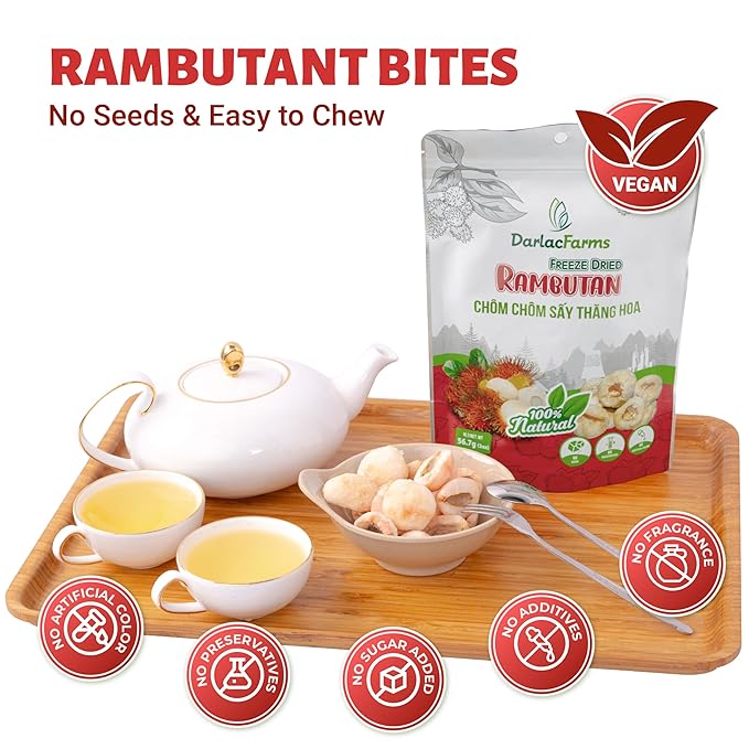 DARLAC FARMS Freeze Dried Rambutan Bites, Pack 6, No Sugar Added, Healthy Fruit Snacks for Kids, Adults & All Ages, Premium Organic Crispy Crunchy Snacks, Tea, Baking, Smoothie, Yogurt, 2 Oz