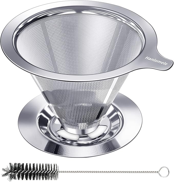 Pour Over Coffee Dripper, Paperless Reusable Coffee Filter, Pour Over Coffee Maker for Single Cup Brew, Double Mesh Design of Stainless Steel Cone Filter for Perfect Extraction (1-2 Cup)