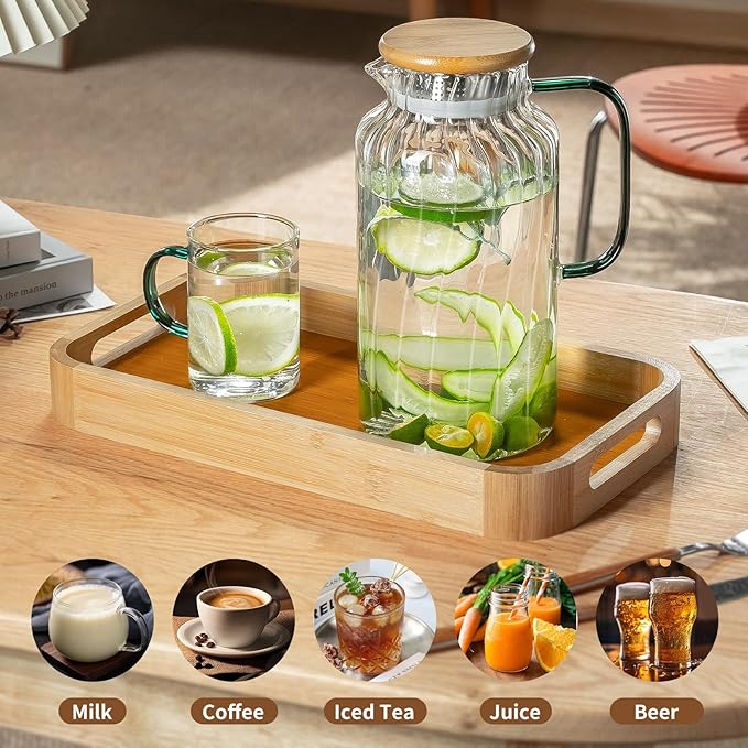 2 PACK Glass Pitcher with Lid, 68 oz/ 2 Liter Classic Vertical Stripes Water Pitcher with Bamboo Lids,Glass Water Carafe for Cold Brew, Coffee, Lemonade, Iced Sun Tea,Beverage,Milk