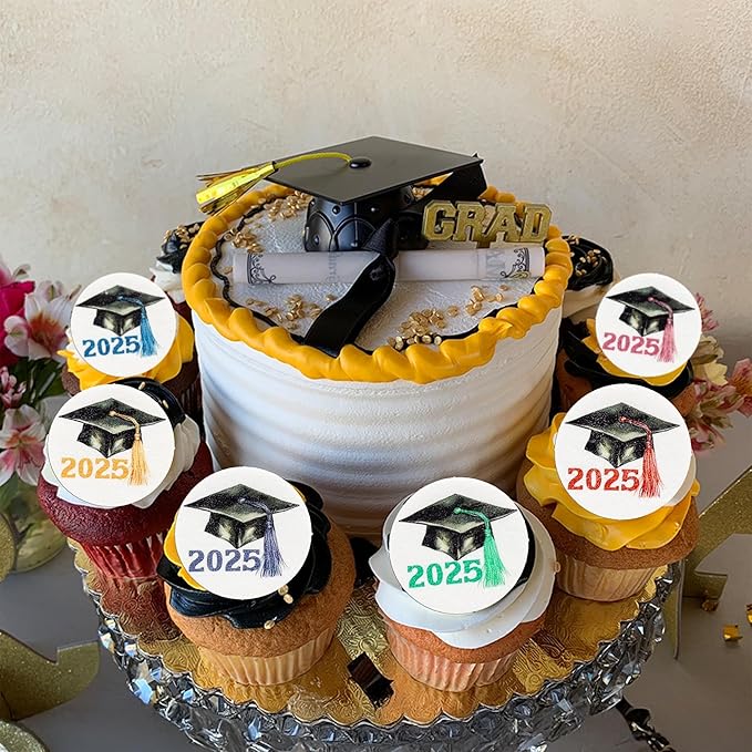 Gyufise 48Pcs Edible 2025 Graduation Theme Cupcake Toppers Wafer Paper Graduate Hat Grad Cap Cupcake Picks 2025 Students Graduation Theme Party Cake Decorations Supplies Multi