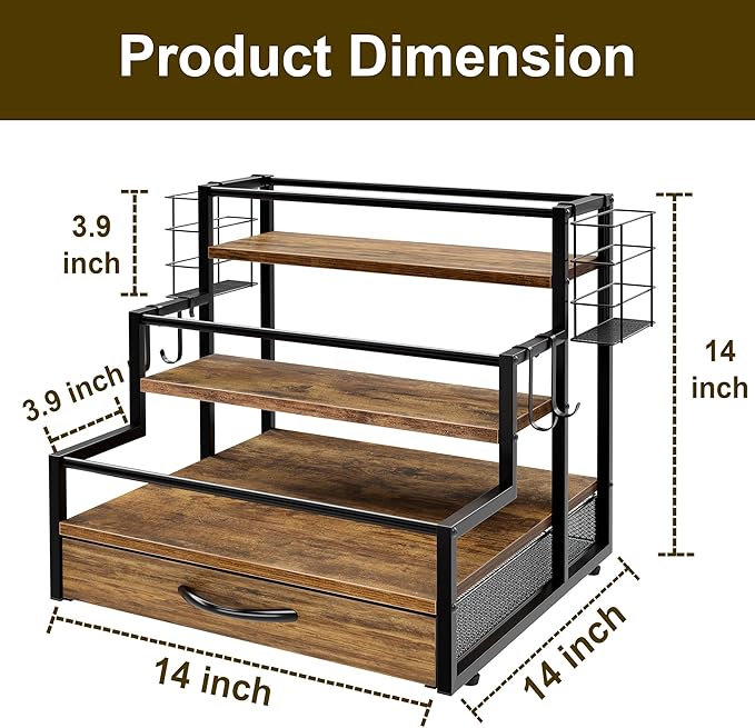 Coffee Syrup Organizer Rack, 4-Tier Syrup Bottle Holder Stand with 36 K Cup Pod Drawer Storage for Coffee Bar, 12 Bottles Storage Shelves for Syrup, Wine, Dressing for Kitchen Coffee Station