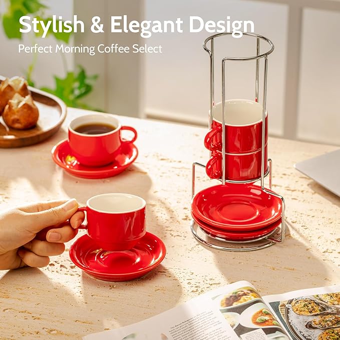 Sweese 4 Ounce Porcelain Stackable Espresso Cups with Saucers and Metal Stand Set of 4, Red