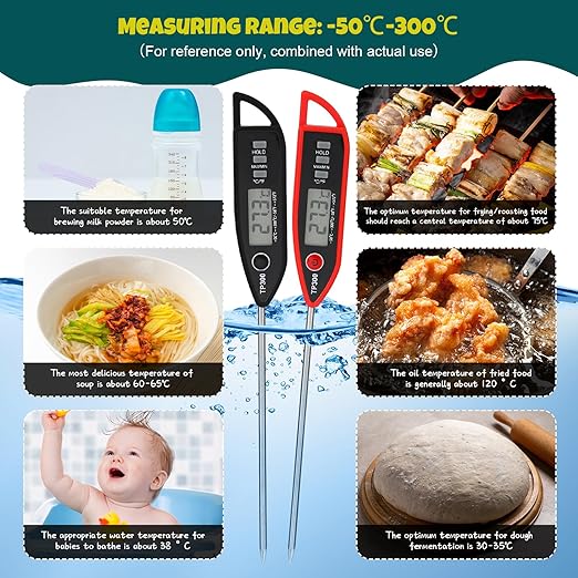 6 Set Waterproof Food Thermometer for Water, Liquid, Candle and Cooking Digital Meat Thermometer with Long Probe Instant Read for Kitchen BBQ Grill Candy (Black,Red)