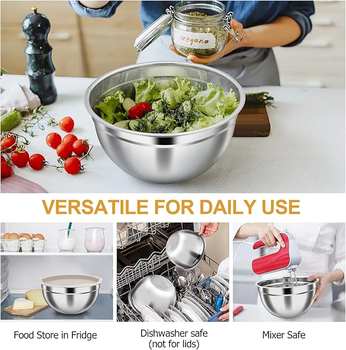 TeamFar Mixing Bowls, Stainless Steel Nesting Salad Bowls with Airtight Lids Set, For Serving/Mixing/Storing, Rust-proof & Heavy Duty, Dishwasher Safe, Set of 3-4.6/3 / 1.5 QT, Khaki
