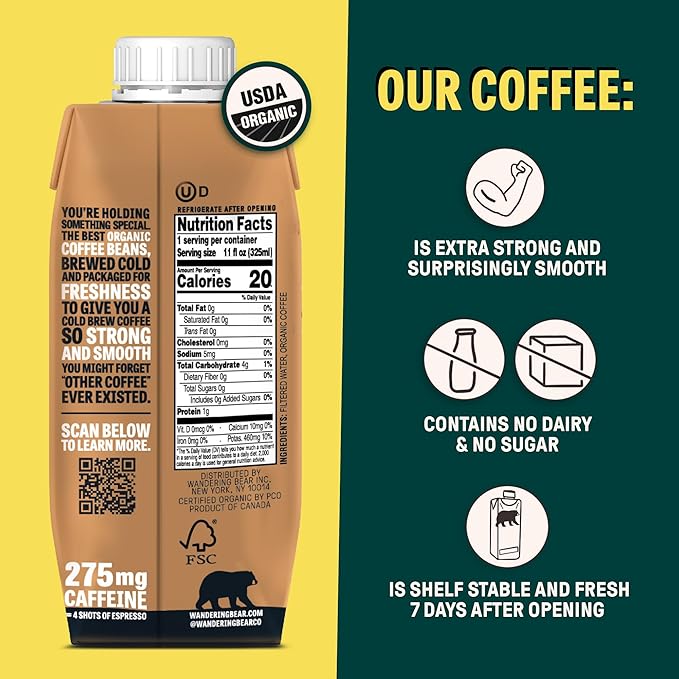 Wandering Bear Straight Black Organic Cold Brew Coffee On-the-Go, 11 fl oz, 12 pack - Extra Strong, Bold, Smooth, Unsweetened, Shelf-Stable, Ready to Drink, 100% Organic Iced Cold Brewed Coffee Drinks