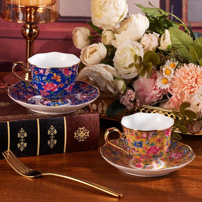 KAMMAK Tea Cups and Saucers Set of 2, Porcelain Coffee Cups with Saucer for Espresso, Cappuccino, 6.3oz Vintage Gold and Blue Ceramic Demitasse Mug for Home, Tea Party, Office