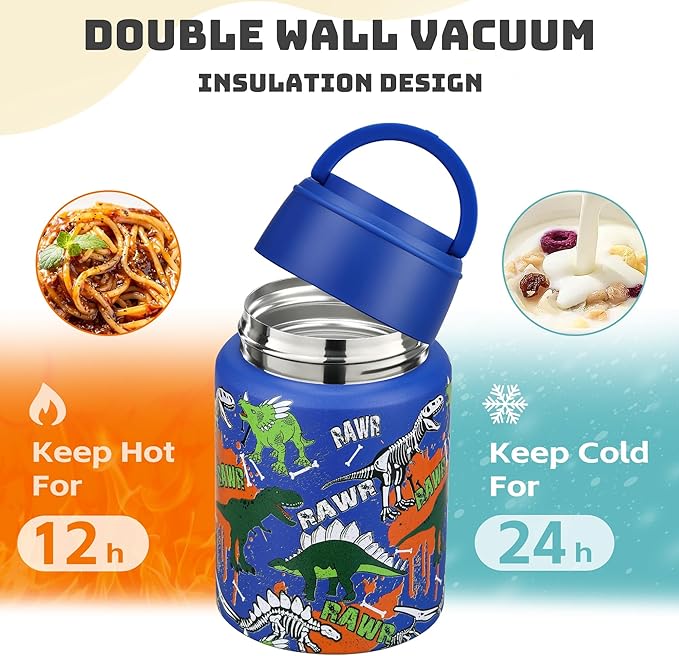 Soup Thermo for Hot Food Kids 16oz Insulated Food Jar Leakproof Thermo Lunch Container for Kids Wide-Mouth Stainless Steel Lunch Box for School with Handle Folding Spoon(3+)