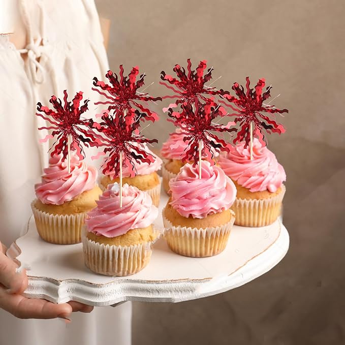 30 PCS Foil Firework Cupcake Toppers Sparkle Tinsel Cupcake Picks Happy Birthday Cake Toppers Drink Stirrers Cocktail Food Fruit Toothpicks for Baby Shower Birthday Party Decorations Supplies Red