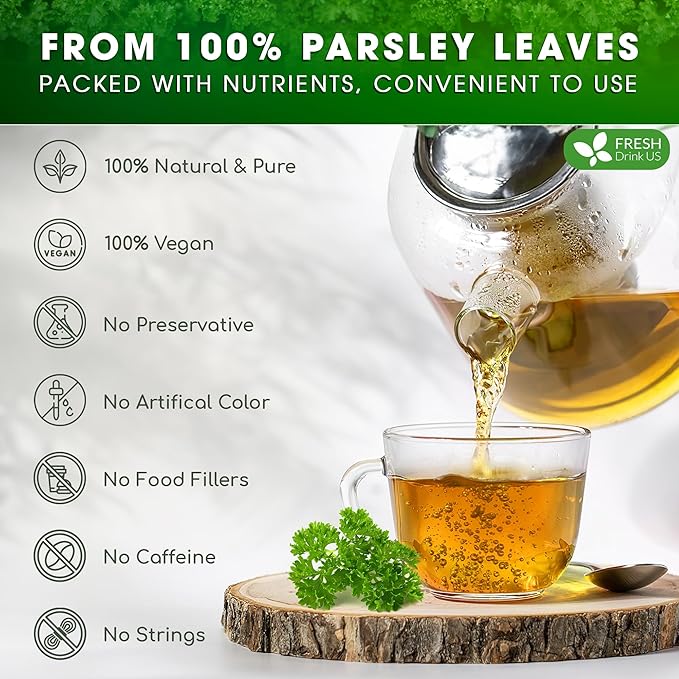 FreshDrinkUS, Premium 75 Parsley Leaf Tea Bags, 100% Natural & Pure from Parsley Leaves. Loose Leaf Parsley Herbal Tea. Made with Natural Material Tea Bags. No Sugar, No Caffeine, No Gluten, Vegan.