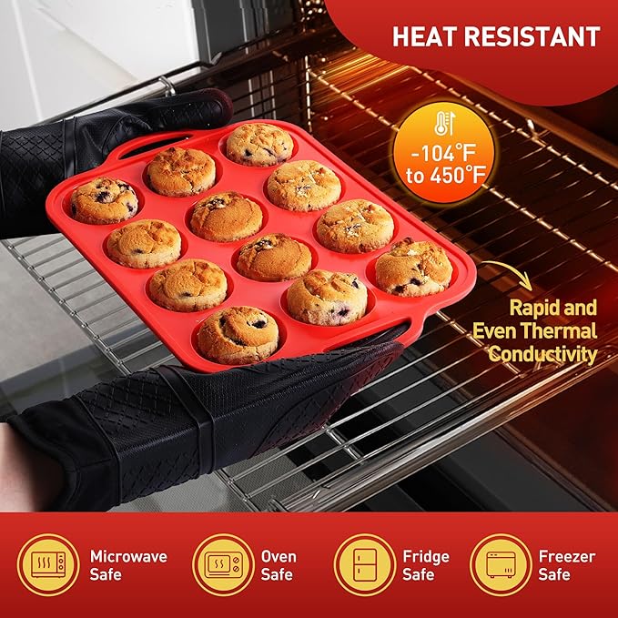 12 Cups Silicone Muffin Pan with Metal Reinforced Frame Regular Size Cupcake Pan Tray Egg Bites Silicone Circle Cookie Molds Muffin Tin Tart Pans Baking Sheet Set for Breakfast Sandwiches
