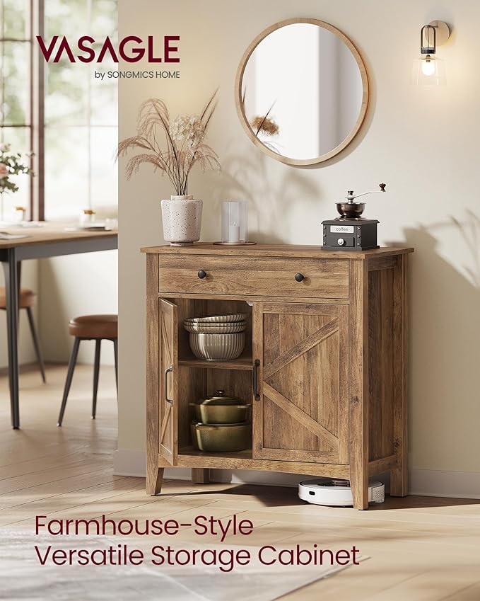 VASAGLE LIRY Collection - Buffet Cabinet, Coffee Bar Cabinet with a Drawer, Adjustable Shelf, Sideboard Storage with Cable Hole, Drawer Divider, Honey Brown UBBK341K01
