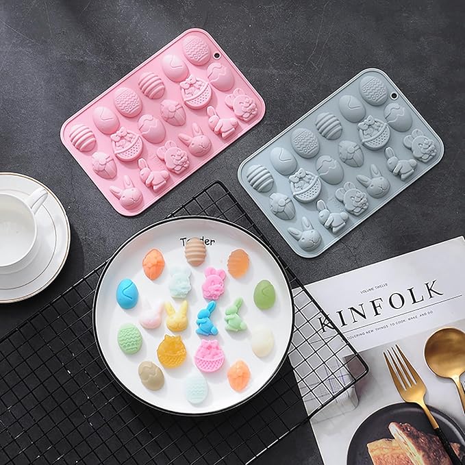 2 Pcs Easter Silicone Chocolate Molds, 18 Cavity Mini Bunny Egg Candy Molds Design for Making Jellies, Soft Candy, Ice Cubes, Wax Melts, Soaps, Resin etc Cake Decoration