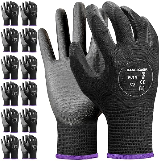 Kebada Safety Work Gloves, 12 Pairs Work Gloves with Grip, PU Coated Grip Gloves for Warehouse, Construction, Gardening and Mechanics, Black, Small