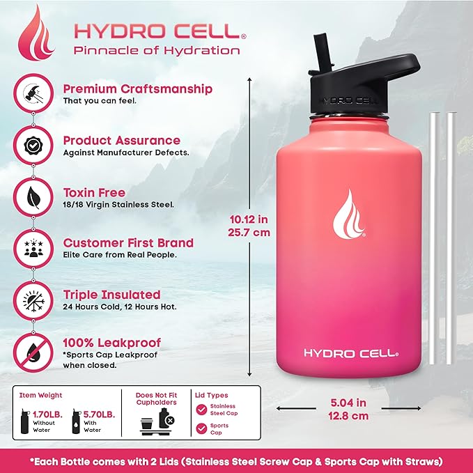 HYDRO CELL Stainless Steel Insulated Water Bottle with Straw - For Cold & Hot Drinks - Metal Vacuum Flask with Screw Cap and Modern Leakproof Sport Thermos for Adults (Coral/Punch 64oz)