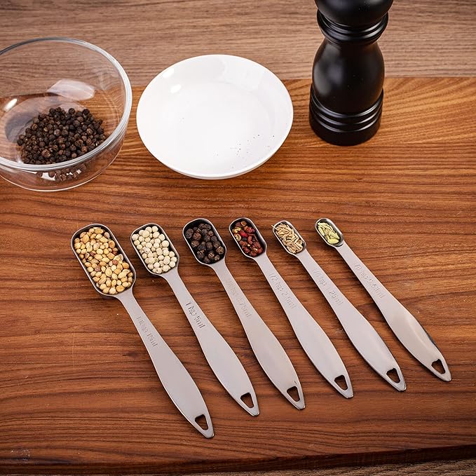 Accurate 18/8 Stainless Steel Measuring Spoons, Heavy Duty Good Handle Set of 6 Measuring Spoon with Ring Connector, Dark Grey
