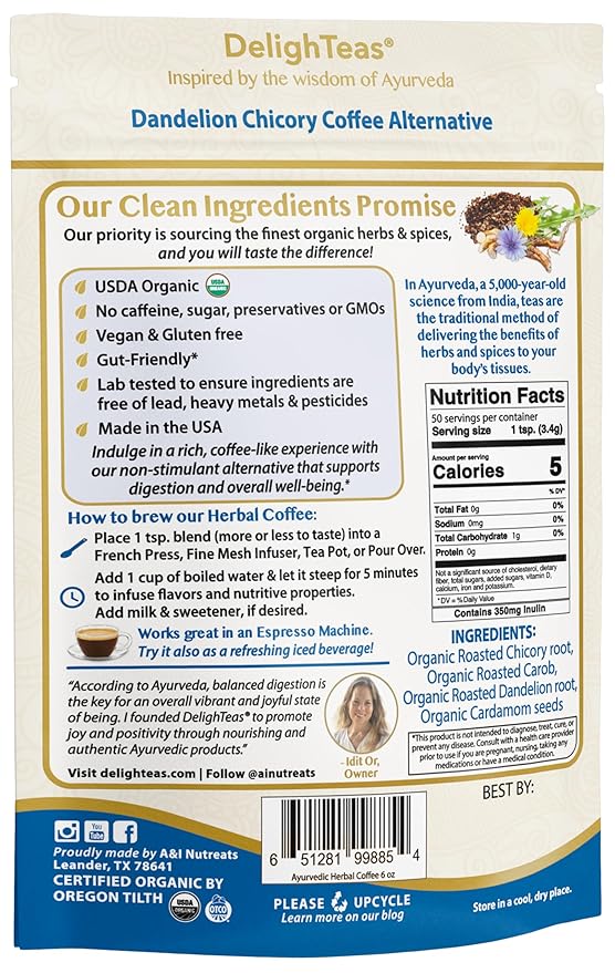 DelighTeas Organic Coffee Alternative | Ayurvedic Herbal Chicory Dandelion Coffee | Coffee Substitute | USDA Organic, Caffeine Free, Gluten Free | With Sweet Notes of Carob | 50 servings, 6oz.