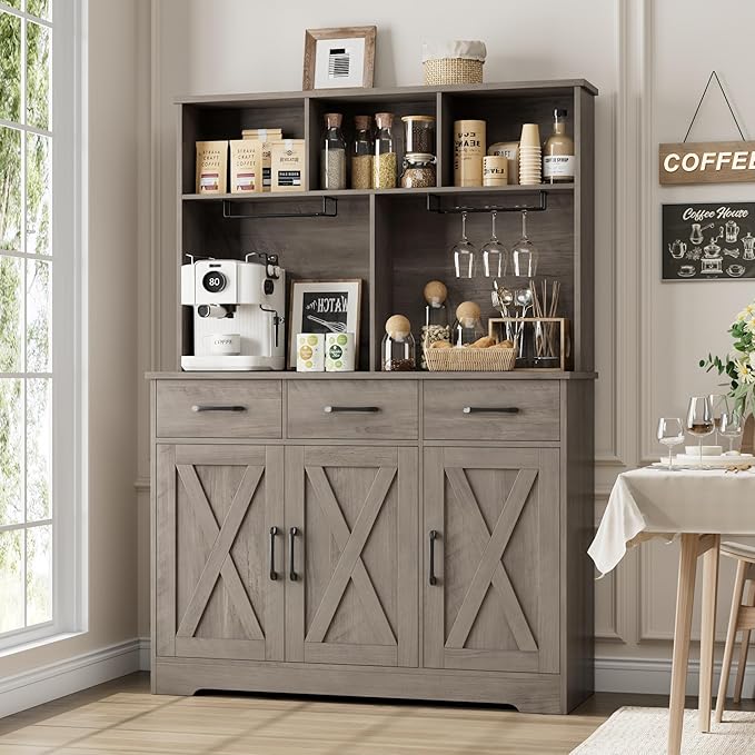 HOSTACK Buffet Cabinet with Hutch, Modern Farmhouse Kitchen Buffet Sideboard Storage with 3 Drawers, Barn Door Coffee Bar Station, Liquor Cabinet for Dining Room, Living Room, Ash Grey