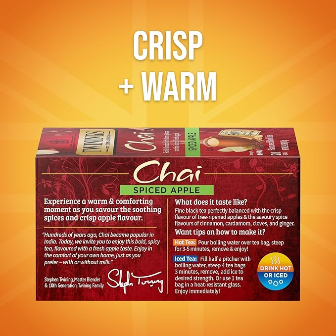 Twinings Spiced Apple Chai Black Tea Individually Wrapped Bags, 20 Count (Pack of 6), Sweet, Savoury Spices, Caffeinated, Enjoy Hot or Iced, 120 Teabags