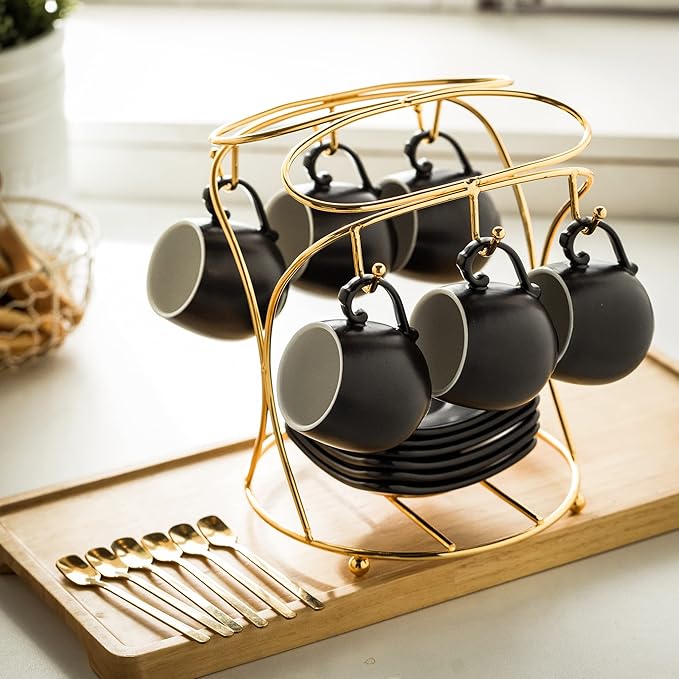 LYEOBOH Espresso Cups with Saucers Set, 3 Ounces Porcelain Coffee Cups with Metal Stand and Spoons, Cappuccino Cups Cute Demitasse Cups for Coffee Drinks, Latte, Tea Set of 6, Black