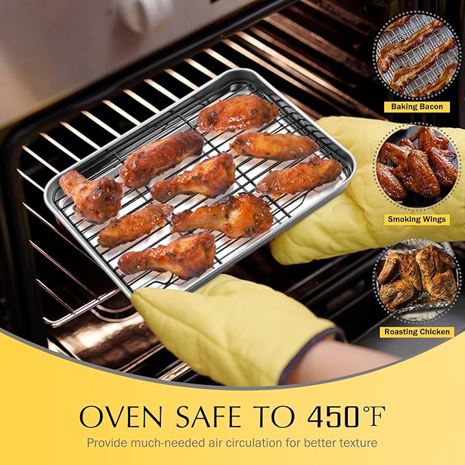 Small Baking Cooling Rack Set of 2, E-far Non-stick Toaster Oven Rack for Cooking Roasting Grilling Broiling Meat Bacon, 9.7” x 7.3” Metal Bakeable Wire Racks for Cookie Cake - Easy to Clean
