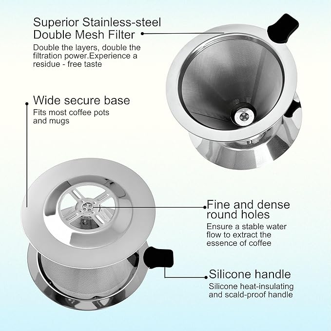 Pour Over Coffee Dripper, Reusable Stainless Steel Drip Cone Coffee Filter Double Layer Fine Mesh, Portable Coffee Maker for Eco-Friendly Brewing Paperless 1-2 Cup Solution