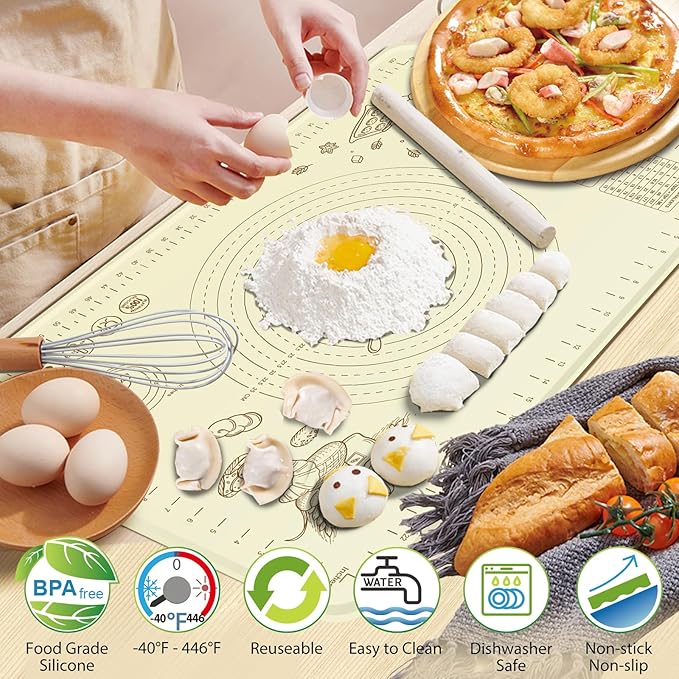 Silicone Baking Mat 24" x 16", Extra Thick Silicone Pastry Mat with Measurements and Edge Heightening, Non-stick Food Grade Dough Rolling Matfor for Pastry, Bread, Cookies, Pizza, Fondant, Pasta