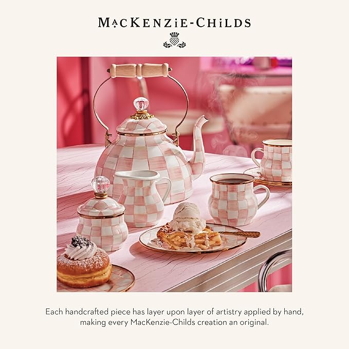 MACKENZIE-CHILDS Enamel Squashed Pot, Cute Enameled Container with Lid, 20 Ounces, Pink-and-White Rosy Check
