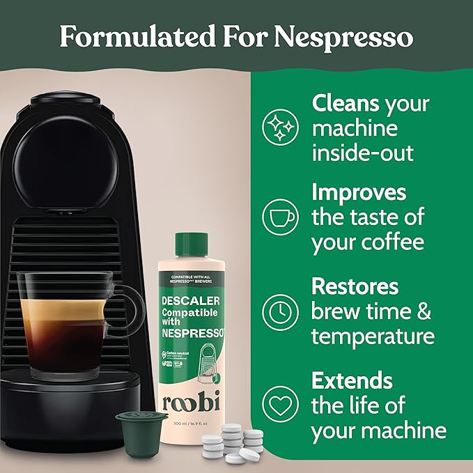 Roobi Descaling and Cleaning Kit Compatible with Nespresso Originaline. Includes 1 Bottle of Descaling Solution, 12 Cleaning Tablets and 1 Reusable Pod. Carbon Neutral. 1 Year Supply.