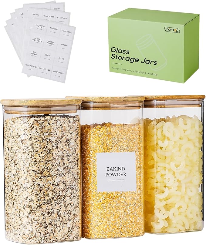 Glass Food Storage Containers with Lids, 50 Oz High Borosilicate Glass Jars for Coffee Bean, Candy, Cookie, Flour, Square