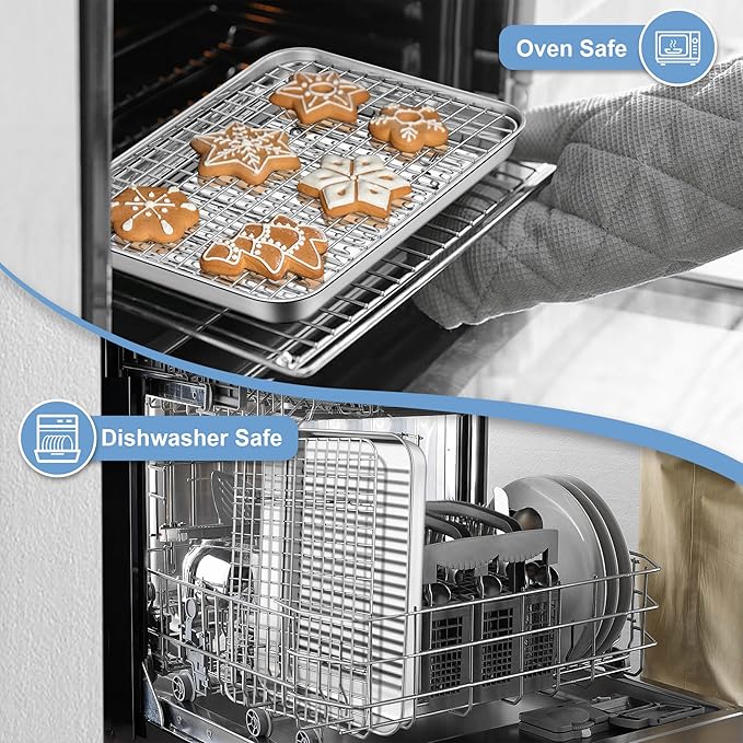 TeamFar 10.5'' Stainless Steel Compact Baking Pan Toaster Oven Tray with Cooling Rack, Corrugated Bottom & Grid Mesh Rack, Non-Toxic & Heavy-Duty