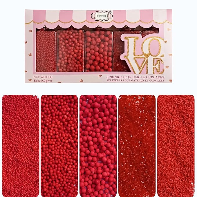 Confect Red Sprinkles Mix – Valentine’s Day, Birthday Cake & Cupcake Decoration – Includes Dragees, Jimmies & Sparkling Sugar –Edible Dessert Topping-Vegan, Gluten-Free, Nut-Free, Soy-Free, Dairy-Free, Palm Oil-Free- 5 Oz
