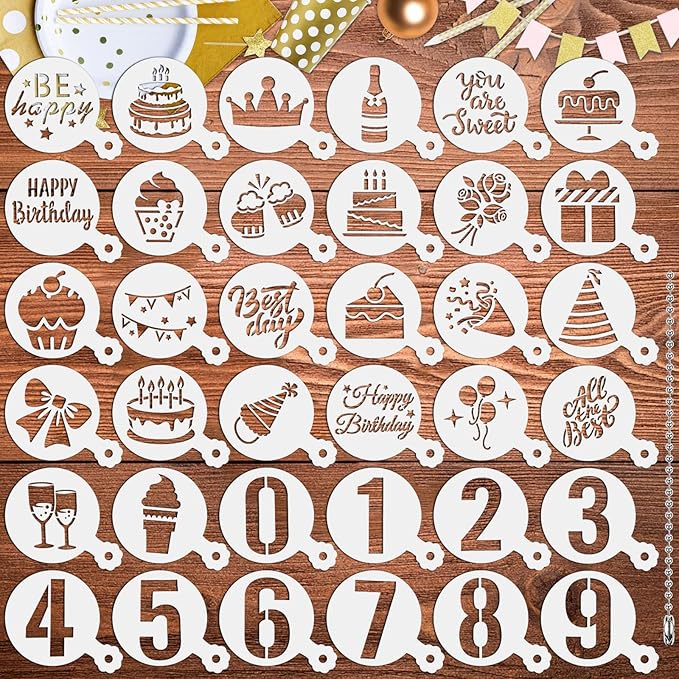 JULBEAR Birthday Cookie Stencils, 36 Pieces Reusable Coffee Decoration Stencils Templates Tools for Cookies Baking Painting Dessert Decoration DIY Birthday Party Decor