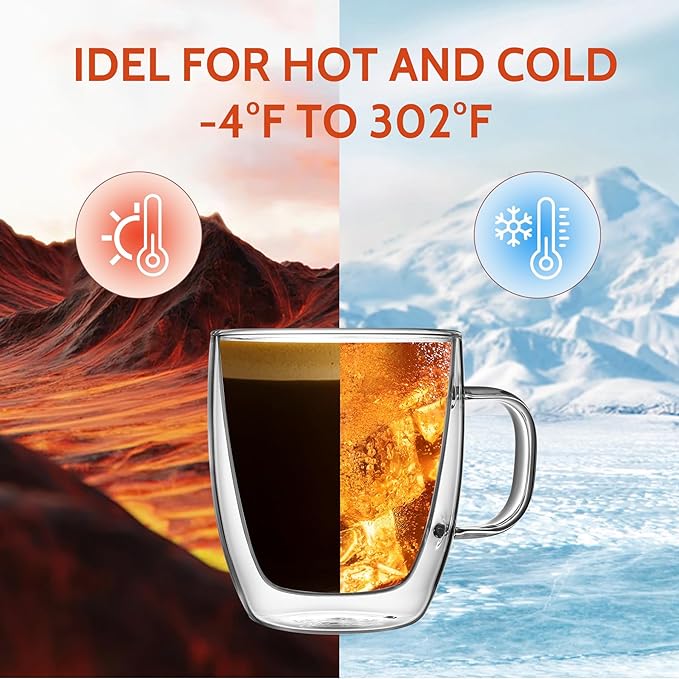 Sweese 12.5 oz Double Wall Glass Coffee Mugs Set of 2 - Insulated for Espresso, Latte, Tea Beverages