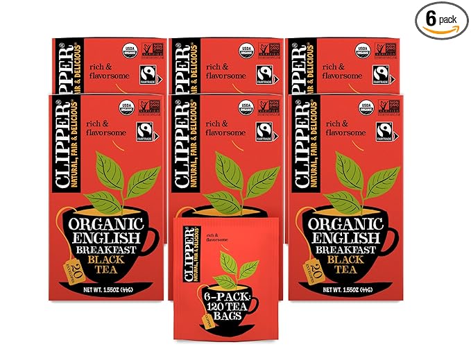 Clipper Tea, English Breakfast, Fairtrade, Organic, Plant-Based, Caffeinated British Tea, 6 Pack, 120 Unbleached Tea Bags