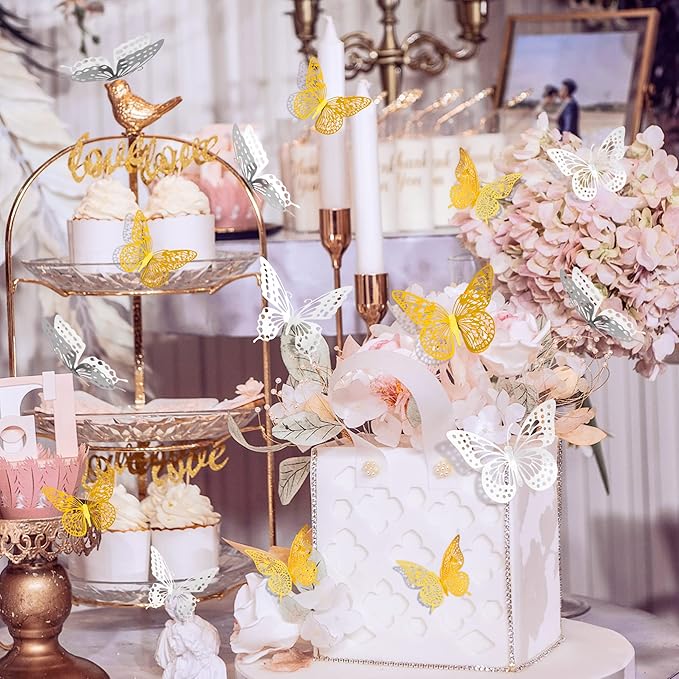 SAOROPEB 3D Butterfly Wall Decor 48 Pcs 4 Styles 3 Sizes, Butterfly Birthday Decorations Party Decorations Cake Decorations Wedding Decor, Removable Stickers (Gold, Silver)