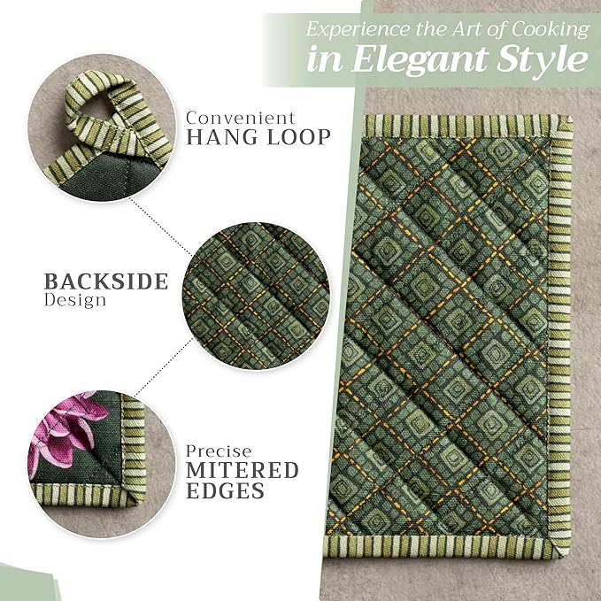 Maison d' Hermine 100% Cotton Oven Mitt & Pot Holder Set (7.5"x13" & 8"x8") Heat Resistant BBQ Cooking Gloves with Loop, Baking, Grilling, Kitchen, Handling Hot Pans (Pumpkin Garden - Dark Green)