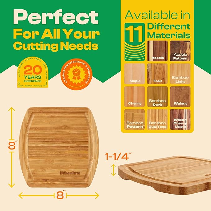 Riveira Two Tone Bamboo Wood Cutting Board – Gourmet Bamboo Grandeur: 8 x 8 Wooden Cutting Board – Wooden Cutting Boards For Kitchen Decorative – Innovative Juice Grooves Wooden Chopping Board