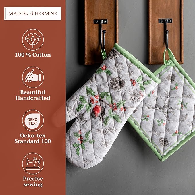 Maison d' Hermine 100% Cotton Oven Mitt & Pot Holder Set (7.5"x13" & 8"x8") Heat Resistant BBQ Cooking Gloves with Loop, Baking, Grilling, Kitchen, Handling Hot Pans (Christmas Dew)