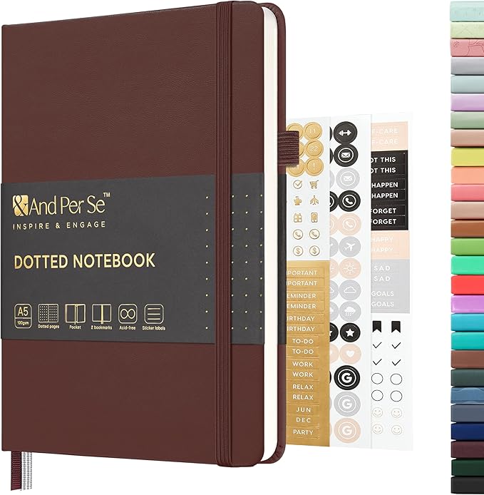 &And Per Se Dotted Journal Notebook, A5 Hardcover Bullet Dotted Journal, 160 Pages 100 gsm Thick Dotted Paper, 3 Sheets of Stickers Included - 5.7'' x 8''（Chocolate）
