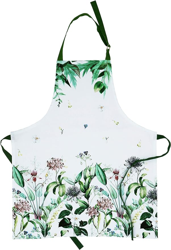 AMOUR INFINI Cotton kitchen Aprons with Adjustable Strap & Waist Ties for Baking Cooking Gardening Spring Apron (Floral Shrubs- 27.5 x 33 Inches)
